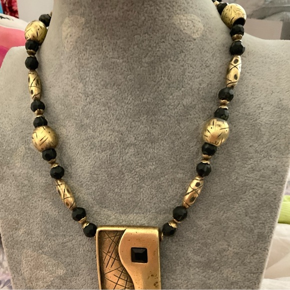 Chico's Heavy Gold Tone Brass and Black Bead Statement Necklace - Picture 3 of 8